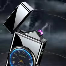 New Metal Clock Dual Arc Lighter LED Display USB Rechargeable Portable Flameless Lighter Outdoor Camping Flashlight Men's Gifts