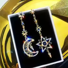 Elegant Silver Color Asymmetric Star Moon Earrings Long Statement Tassel Sparkling Personalized Earrings Jewelry